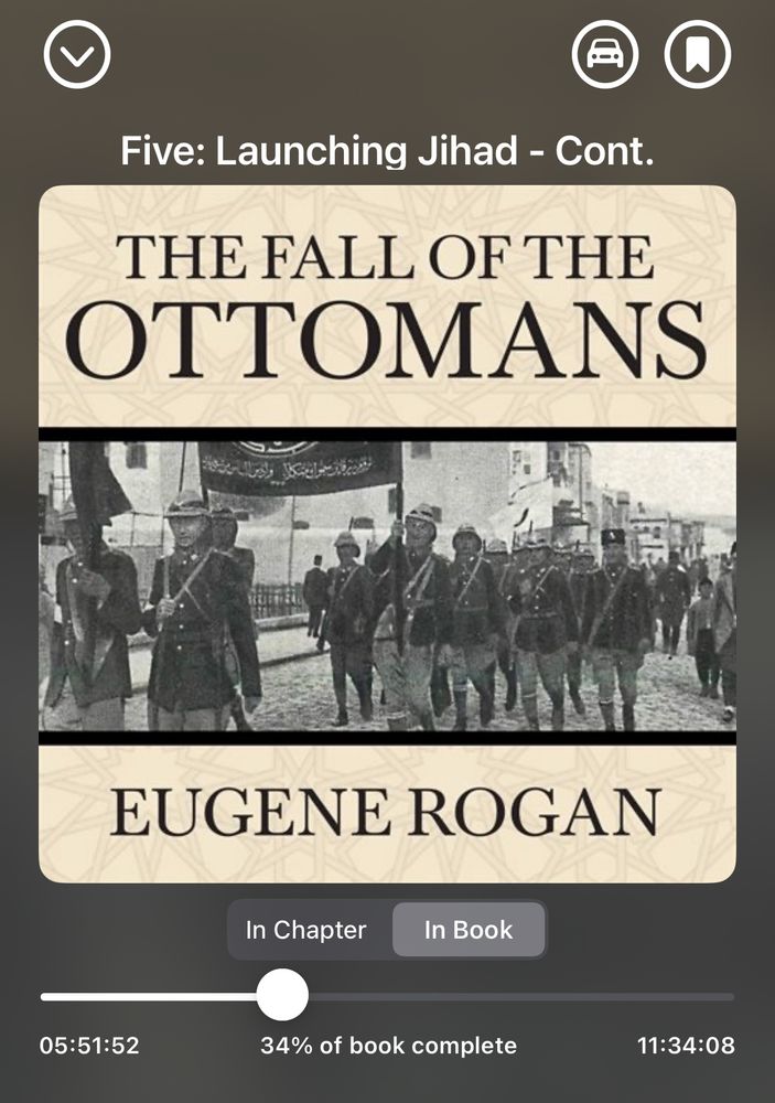 Screen capture of audiobook phone app playing The Fall of the Ottomans by Eugene Rogan