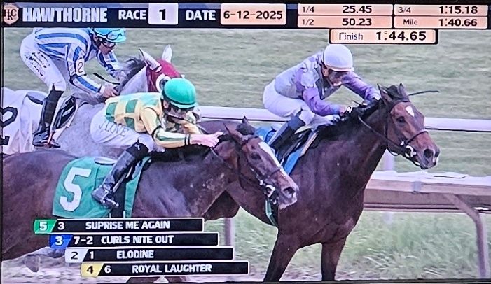 Horse racing at Hawthorne Race Course in Chicago/Cicero, IL. Race horse Surprise Me Again win, race horse Curls Nite Out second,  race horse Elodine 3rd 