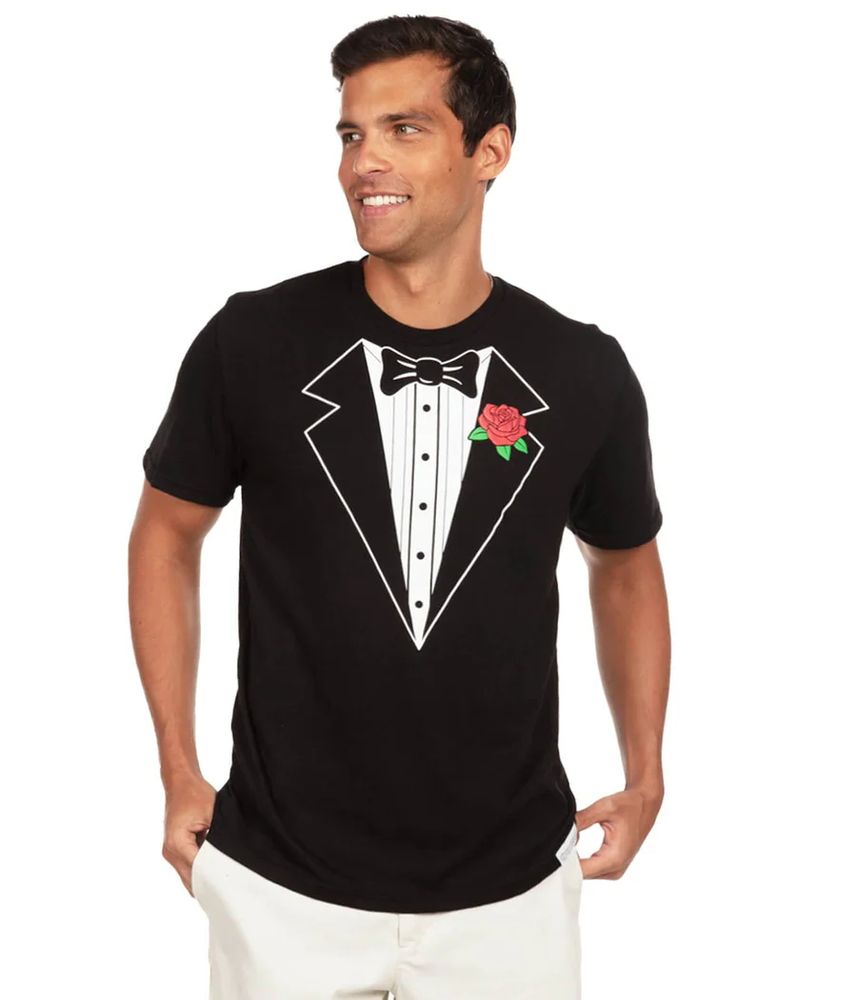 A guy wears a tuxedo tee.