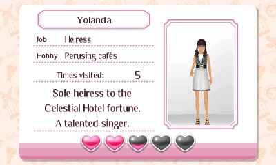 A white and pink NPC card from Style Savvy: Styling star.

Name: Yolanda
Job: Heiress
Hobby: Perusing cafés 
Times visited: 5
Character description: Sole heiress to the Celestial Hotel fortune. A talented singer.

2 and a half hearts out of 5 are filled up.

An full body image of Yolanda against a white background is visible on the right hand side of the NPC card. 

Yolanda in this image is a tanned olive skinned girl with gray eyes, dark brown hair in wavy pigtails, with hime cut bangs. Wearing a fancy gray top, black high waisted belt and white skirt dress. There is a deep V-cut in top half of the dress that's being covered with white fabric. Yolanda is wearing black sandal heels and sporting gray gradient sunglasses.