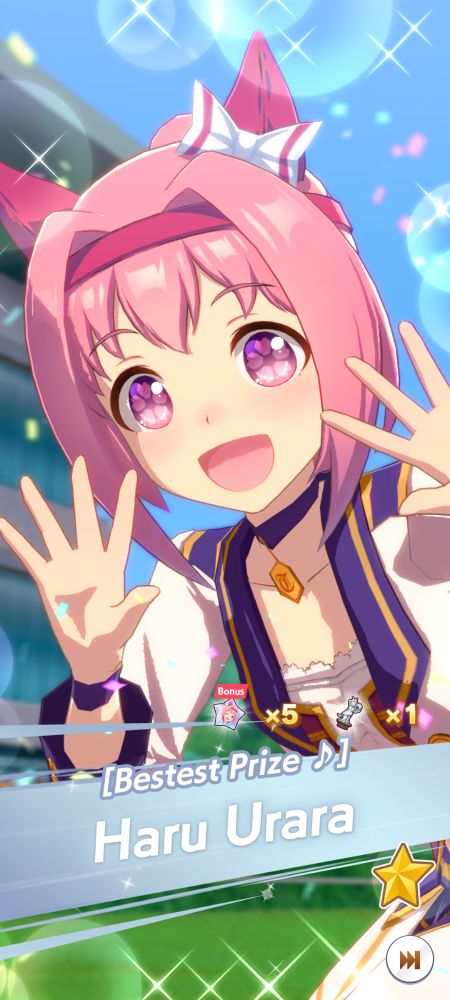 [Bestest Prize music note]
Haru Urara

Pink haired, Pinked eyed Umamasume (horse girl) from the gacha game Umamasume. She's posing, looking directly into the camera with a huge open mouth smile and waving.