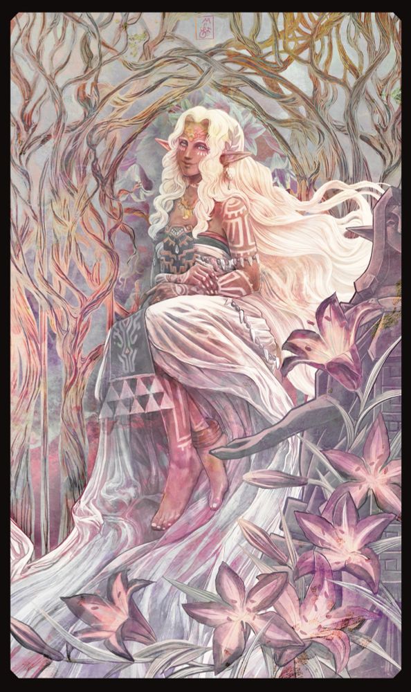 Sonia from Tears of the Kingdom, surrounded by trees and Sundelions, and part of her wedding statue pair with Rauru