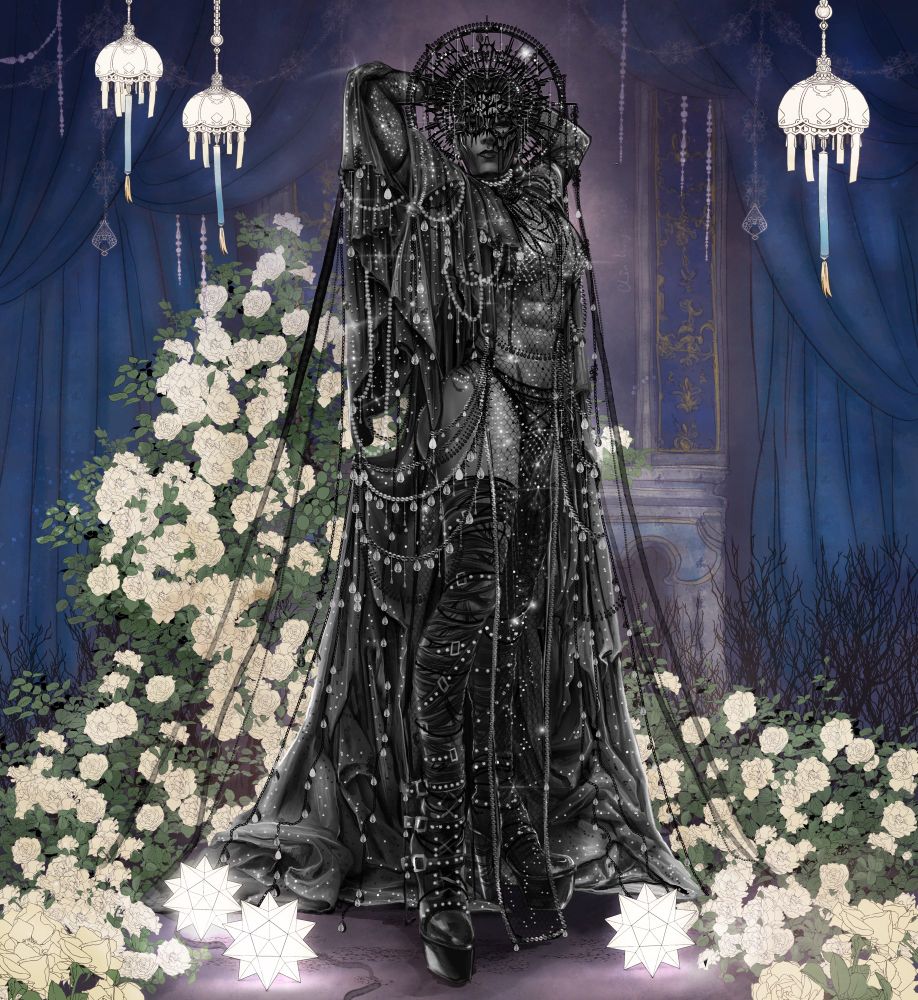 A tall and curvy shadow character drawn completely in greyscale stands in front of an ornate background, he is wearing all black and his outfit is covered in gems and crystals, he has an elaborate halo and mask and is smiling flirtatiously with his hands behind his head