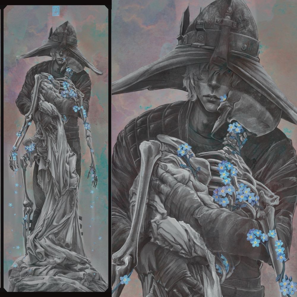 An image of Cole from Dragon Age, embracing a skeleton which is covered by a white cloth and forget me not flowers. The cloths cascades at their feet and the flowers drop from the skeleton’s hands.