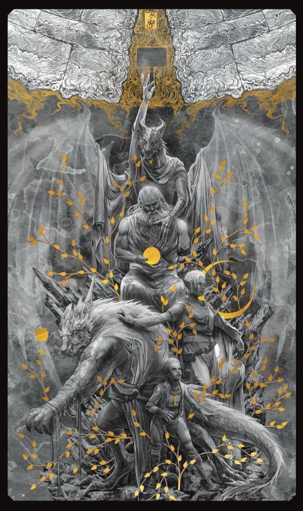 Statues of the five main characters from Critical Role Divergence, arranged with Erro at the top reaching into the Divine Gate, his hand resting on Garens heart as he guides him. The three mortals below facing different directions, around all of them, grey vines sprouting golden leaves grow, there are also gold elements of key items 

