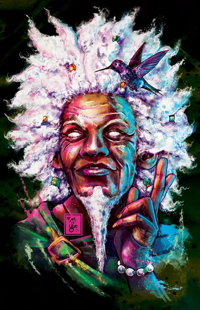 A portrait of Shakaste, using bright pink and turquoise, his hummingbird above him