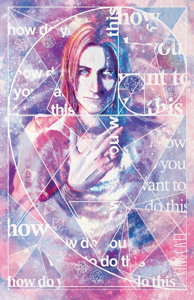 A portrait of Matthew Mercer surrounded by the golden spiral, dice, and instances of the phrase “how do you want to do this”