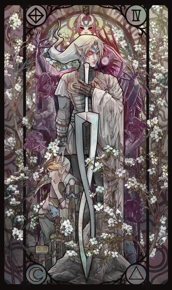 Link and Fierce Deity Link, the latter holding his double helix sword and surrounded by dogwood trees, around them in shades of purple are Majora and the four masked children from inside the moon