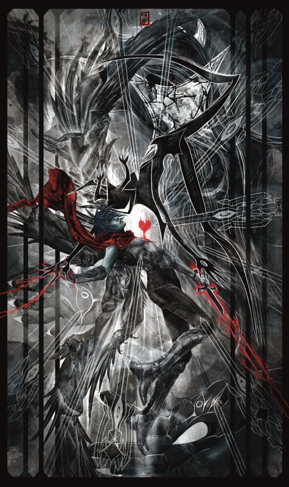 An image of Kris from Deltarune facing off with the Roaring Knight, drawn mainly in monochrome with bright red accents including the Black Shard sword and the Soul, the background includes the Shadow Mantle and the Titan