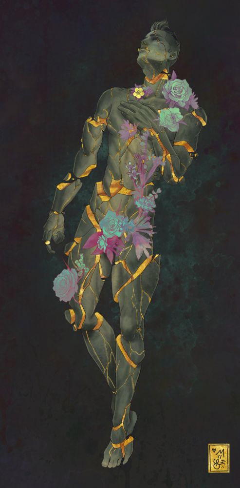 Fjord from the Mighty Nein, fractured like a statue revealing gold inside, and adorned with flowers