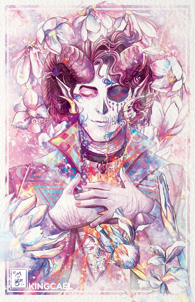 A portrait of Mollymauk, at rest surrounded by flowers and tarot cards