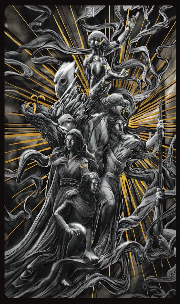 Statues of the characters from exu downfall, the contrast much darker than the other two, a giant sunburst behind the group 