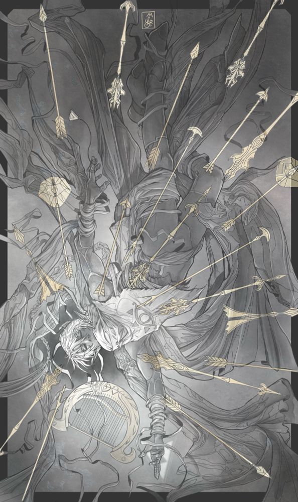 Sheik from Ocarina of Time surrounded by a radiating burst of Light Arrows and flowing fabric, he is upside down and almost holding the Goddess Harp, while the Triforce of Wisdom is tied to his other hand