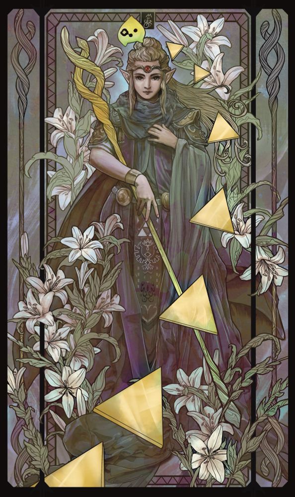 Zelda from Echoes of Wisdom, surrounded by lilies and holding her Tri Rod, pieces of Tri’s echoes make a spiral