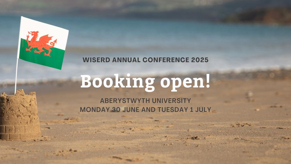 Welsh flag in a castle-shaped sandcastle on a beach with sea and hills in background. WISERD ANNUAL CONFERENCE 2025 Booking open! Aberystwyth University | 30 JUNE - 1 JULY 2025