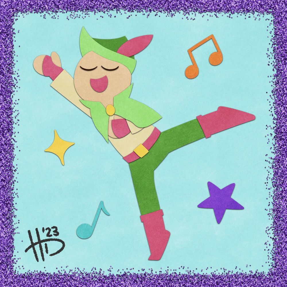 A digital drawing of Kiwi, the bard from the video game Wandersong, singing joyfully with one leg in the air like a ballet dancer.

The drawing is meant to look like paper art with a border of purple glitter.