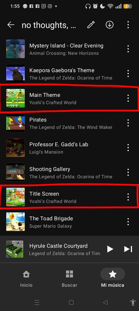 A Nintendo Music screenshot of the same playlist as the picture from the previous post.

The playlist has been updated to include two new songs—"Main Theme" and "Title Screen" from Yoshi's Crafted World. "Main Theme" is placed between "Kaepora Gaebora's Theme" and "Pirates", while "Title Screen" is placed between "Shooting Gallery" and "The Toad Brigade".