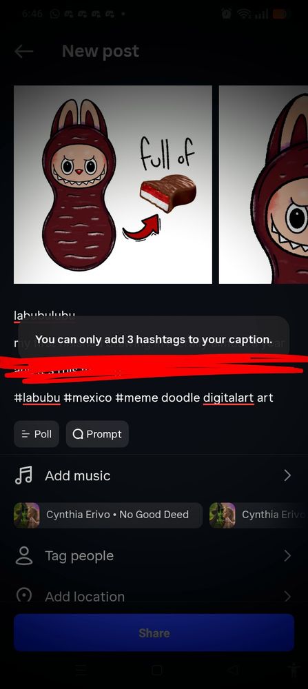 An Instagram screenshot of the "New post" screen, highlighting a pop-up message that reads, "You can only add 3 hashtags to your caption".