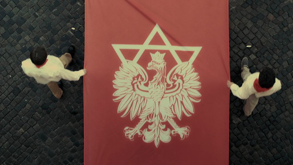 The flag of the imaginary Jewish Renaissance Movement in Poland, comprised of a Polish eagle merged with a Star of David.