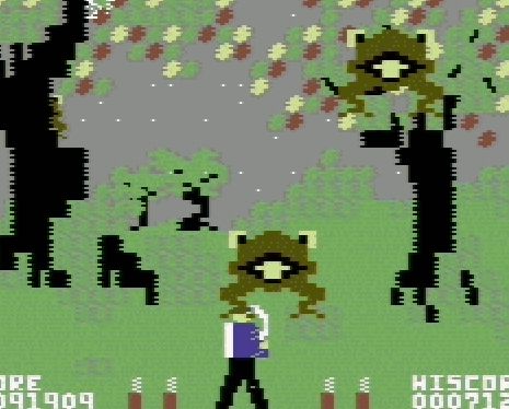 An animation from the Forbidden Forest video game; a man wielding a bow and arrow runs through a forest, avoiding frogs that fall from the sky.