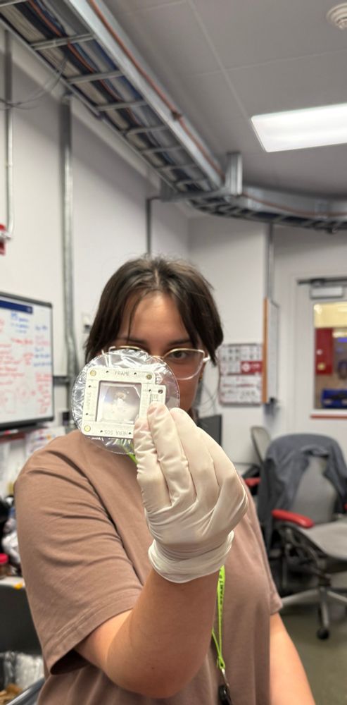 Scientist showing the sheet on sheet chip after loading protein nanocrystals