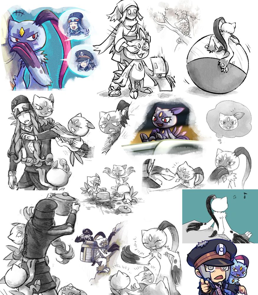 a compilation of sneasler & hisuian sneaser drawings. melli, akari, and warden ingo are included in it
