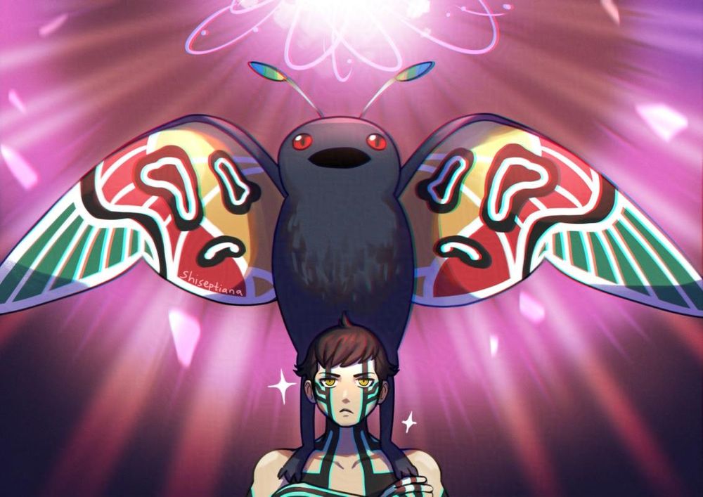 Demi-fiend from SMT III Nocturne, arms crossed and a Mothman standing on his shoulders, casting a powerful spell