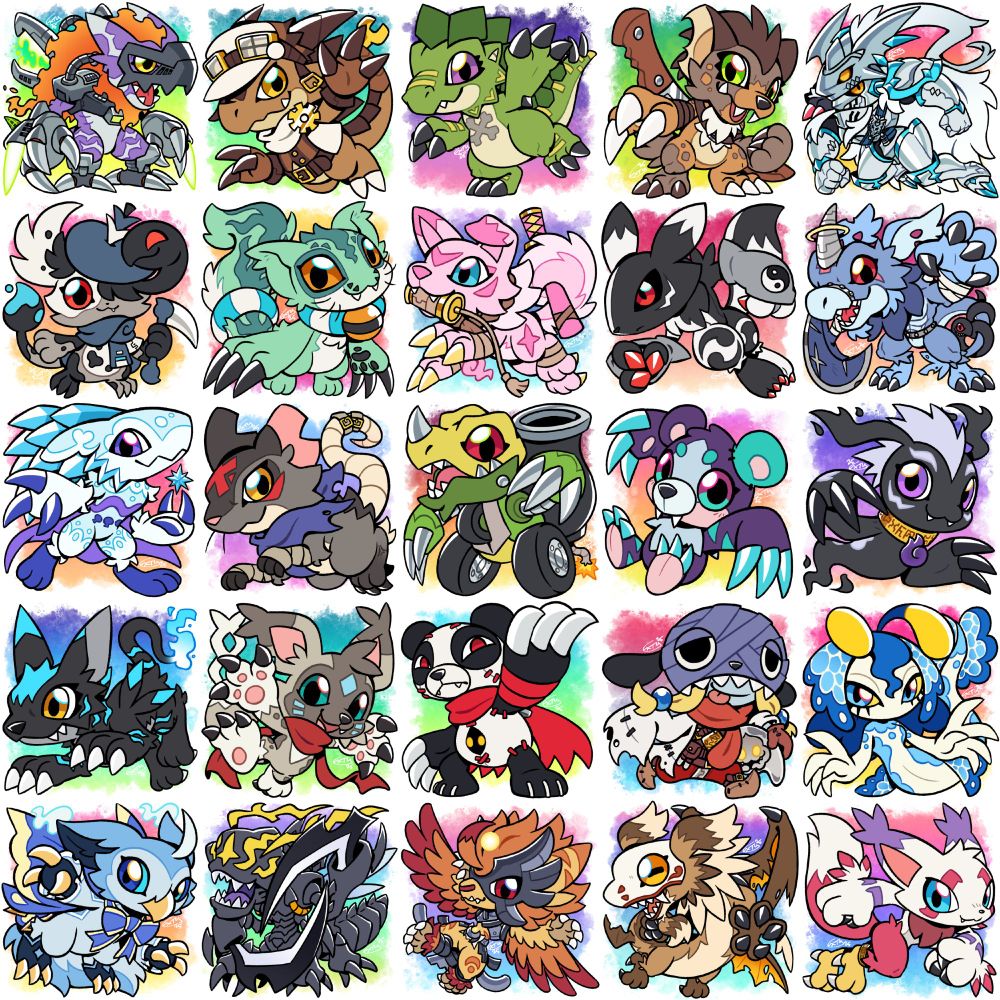 From left to right, starting from the top row going down:
1. Matrixdramon - Minion_of_the_East (https://bsky.app/profile/minion-of-the-east.bsky.social)
2. Steamdramon - shsl_steam (https://artfight.net/~shsl_steam)
3. Stompmon - BRP-Art (https://bsky.app/profile/brp-art.bsky.social)
4. Proto Hyenamon - frolis (https://artfight.net/~frolis)
5. AvalancheDukemon - ALTERED-ZER0 (https://artfight.net/~ALTERED-ZER0)
6. Plagamon - Kawaiitron (https://artfight.net/~Kawaiitron)
7. Rindamon - Eadgyth (https://artfight.net/~Eadgyth)
8. Hananumon - NINEBAT (https://bsky.app/profile/ninebat.bsky.social)
9. Harmony / Renamon - TwitchyFox88 (https://artfight.net/~TwitchyFox88)
10. Zazemon - qkranks (https://artfight.net/~qkranks)
11. Eismon - A_Doru_boy (https://artfight.net/~A_Doru_boy)
12. Kyusomon - AtomicStarCat (https://artfight.net/~AtomicStarCat)
13. Cannonmon - GaoFangs (https://artfight.net/~GaoFangs)
14. Rimimon - xnatsuki (https://artfight.net/~xnatsuki)
15. GhostGomamon - ChaotixxZ (https://bsky.app/profile/chaotixxz.bsky.social)
16. Abnawamon - AngeltheKeaton (https://bsky.app/profile/angelthekeaton.bsky.social)
17. Hazamon - SoraMeicoomon (https://artfight.net/~SoraMeicoomon)
18. FauxPandamon - SaintHowls (https://bsky.app/profile/SaintHowls.bsky.social)
19. Alkimiamon - marlindotzip (https://artfight.net/~marlindotzip)
20. Larmemon - DetectiveCoco_ (https://artfight.net/~DetectiveCoco_)
21. Focamon - zodistars (https://artfight.net/~zodistars)
22. Kamill / Snimon - J3rry1ce (https://artfight.net/~J3rry1ce)
23. Icarumon - Ankey (https://artfight.net/~Ankey)
24. WildFawkesmon - Skyliwagdoodles (https://artfight.net/~Skyliwagdoodles)
25. Hybridmon - MundienaSKD (https://bsky.app/profile/mundienaskd.bsky.social)