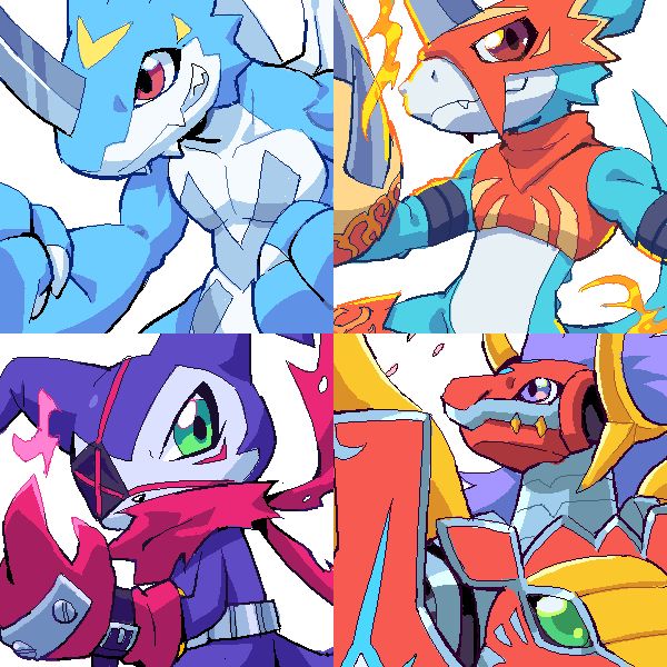 From top left to top right, then bottom left to bottom right:
13. XV-mon - Rose
14. Flamedramon - RealDachSound
15. Impmon (X-Antibody)
16. Sleipmon - notaventura
