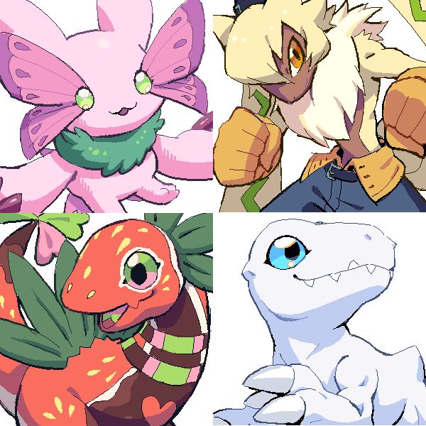 From top left to top right, then bottom left to bottom right:
9. Hanamon - PlatinumSukamon
10. Symbare Angoramon - Softkeychains
11. Strawmon - skytroops
12. YukiAgumon - Rose