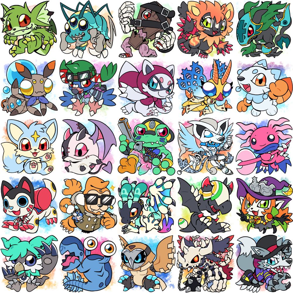 From left to right, starting from the top row going down:
1. Mismon - ridi (https://bsky.app/profile/blaberid.bsky.social)
2. Isomon - MortNoire (https://bsky.app/profile/mortnoire.bsky.social)
3. Gravemon - PizzaSkeleton (https://artfight.net/~PizzaSkeleton)
4. Rufflmon - papilrux (https://bsky.app/profile/heavymetalpapi.bsky.social)
5. Kelpiemon - CheyenesCritters (https://artfight.net/~CheyenesCritters)
6. KoYanmamon - KRverde (https://artfight.net/~KRverde)
7. Hatomon - ChicoStyx (https://artfight.net/~ChicoStyx)
8. Rakumon - Kalkkopf (https://bsky.app/profile/kalkkopf.bsky.social)
9. Lacemon - Iggyness (https://bsky.app/profile/iggyness.bsky.social)
10. Polarmon - DandyMoth (https://artfight.net/~DandyMoth)
11. Pukomon - Veemonsito (https://bsky.app/profile/Veemonsito.bsky.social)
12. WeepDevimon - Limereptile (https://bsky.app/profile/limereptile.bsky.social)
13. GunsoNumemon - Siekon (https://bsky.app/profile/siekon.bsky.social)
14. SnowDuftmon - notaventura (https://bsky.app/profile/notaventura.bsky.social)
15. Axelotlmon - QueenieLeo (https://bsky.app/profile/queenieleo.bsky.social)
16. Harikomon - Tezuze (https://bsky.app/profile/Cottoncollie.bsky.social)
17. Mike Ozone / Etemon - Shevuun (https://bsky.app/profile/shevuun.bsky.social)
18. Gouachemon - swim_filet (https://bsky.app/profile/swim-filet.bsky.social)
19. Yolkdramon - feelingchimpy (https://bsky.app/profile/feelingchimpy.bsky.social)
20. Hecatemon - morgannox (https://bsky.app/profile/morgannox.bsky.social)
21. Manchotmon - IndominusMemoir (https://bsky.app/profile/Memoir.bsky.social)
22. Tullimon - duskvortex (https://bsky.app/profile/duskvortex.bsky.social)
23. Kametsumon - StrikeYoko (https://bsky.app/profile/strikeyoko.bsky.social)
24. Priodintesmon - R0tten-S0ul (https://bsky.app/profile/r0tten-s0ul.bsky.social)
25. Lupin / Circusmon - TwilightVolt (https://artfight.net/~TwilightVolt)