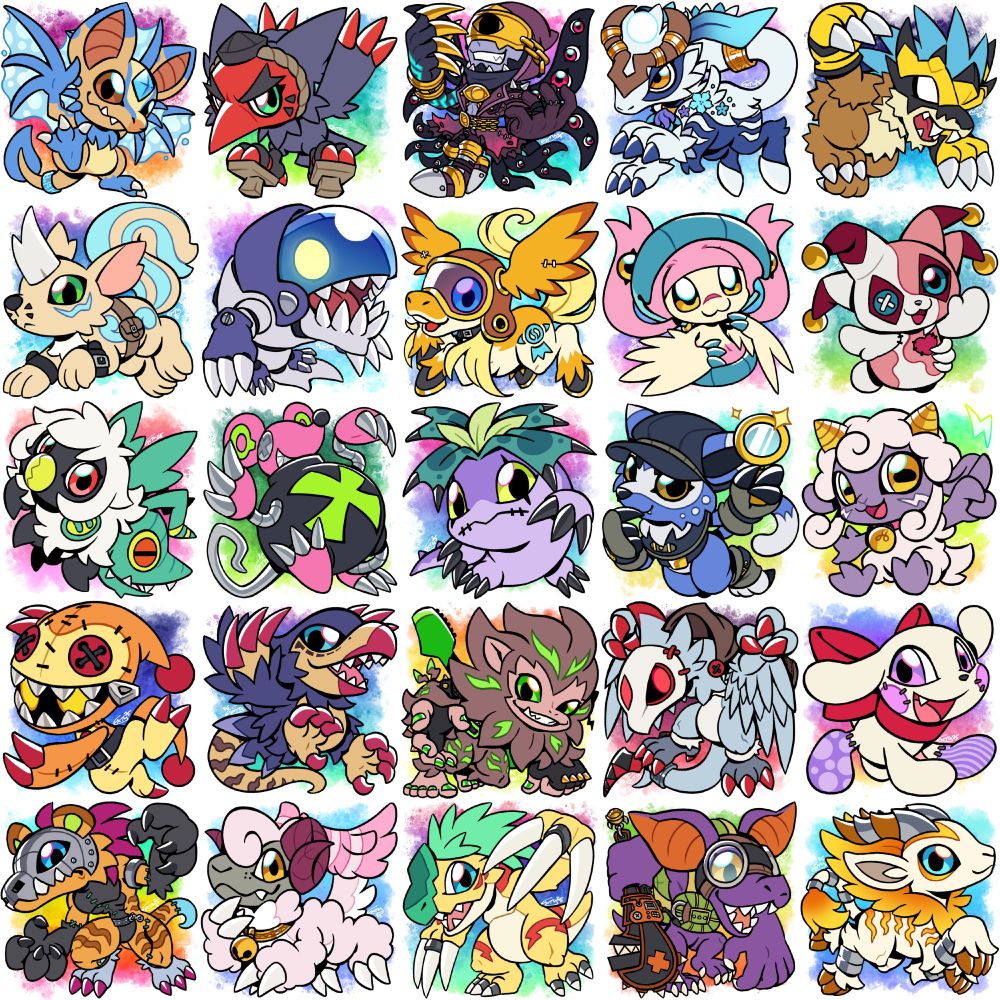 From left to right, starting from the top row going down:
1. Koumizumon - Twiggies (https://bsky.app/profile/twiggies-draws.bsky.social)
2. Kotenmon - Ironically (https://artfight.net/~Ironically)
3. Eldritchmon - Saikana (https://bsky.app/profile/saikana.bsky.social)
4. Tsukimon - Lightstar (https://artfight.net/~Lightstar)
5. Tormentomon - SheeKN (https://bsky.app/profile/sheekns.bsky.social)
6. Toskrmon - soulflamesketch (https://bsky.app/profile/soulflamesketch.bsky.social)
7. Babelmon - garmmy (https://bsky.app/profile/garrrzzz.bsky.social)
8. Ponymon - Electronic-Star (https://artfight.net/~Electronic-Star)
9. Parumon - HeyArgo (https://artfight.net/~HeyArgo)
10. Jestmon - ArtistofFaerie (https://artfight.net/~ArtistofFaerie)
11. Sparcemon - Zillaidon (https://artfight.net/~Zillaidon)
12. Boommousemon - spotty33 (https://artfight.net/~spotty33)
13. Nupharmon - rendazzle (https://artfight.net/~rendazzle)
14. Observmon - Keahi_CandleWorks (https://bsky.app/profile/candlelitkeahi.bsky.social)
15. Lambdamon - NeroIntruder (https://bsky.app/profile/nerointruder.bsky.social)
16. Pyjamon - T_Horridus (https://artfight.net/~T_Horridus)
17. Kaamon - Fleurdelynx (https://artfight.net/~Fleurdelynx)
18. Punk Hanumon - ChalkQ (https://artfight.net/~ChalkQ)
19. Reavermon - vespurwings (https://bsky.app/profile/vespurwings.bsky.social)
20. Stuffmon - Tanglefriend (https://bsky.app/profile/tanglefriend.bsky.social)
21. Rogue Taxidermon - PixelMech (https://artfight.net/~PixelMech)
22. Ariesmon - Starscreams (https://artfight.net/~Starscreams)
23. Therimon - renciel (https://artfight.net/~renciel)
24. Gremlimon - Piegeo190 (https://artfight.net/~Piegeo190)
25. Auradimon - akumasong (https://artfight.net/~akumasong)