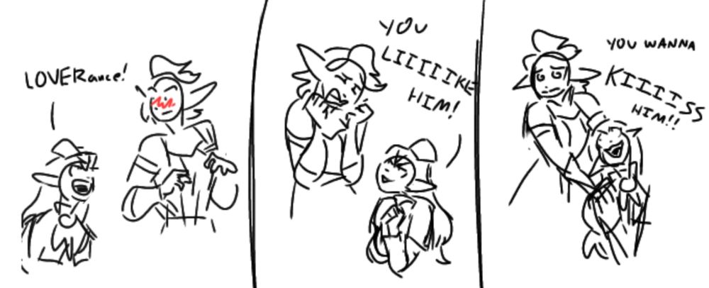 Prishe is teasing Pebblebbles

LOVER-ance!
You liiiiiiike him!
You wanna kiiiiiiiss him!!

*as Pebblebbles gets more embarrassed*
Because she's right ;)