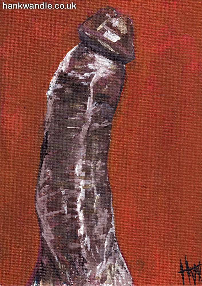 a painting of a long erect penis in acrylic against a fox-red background