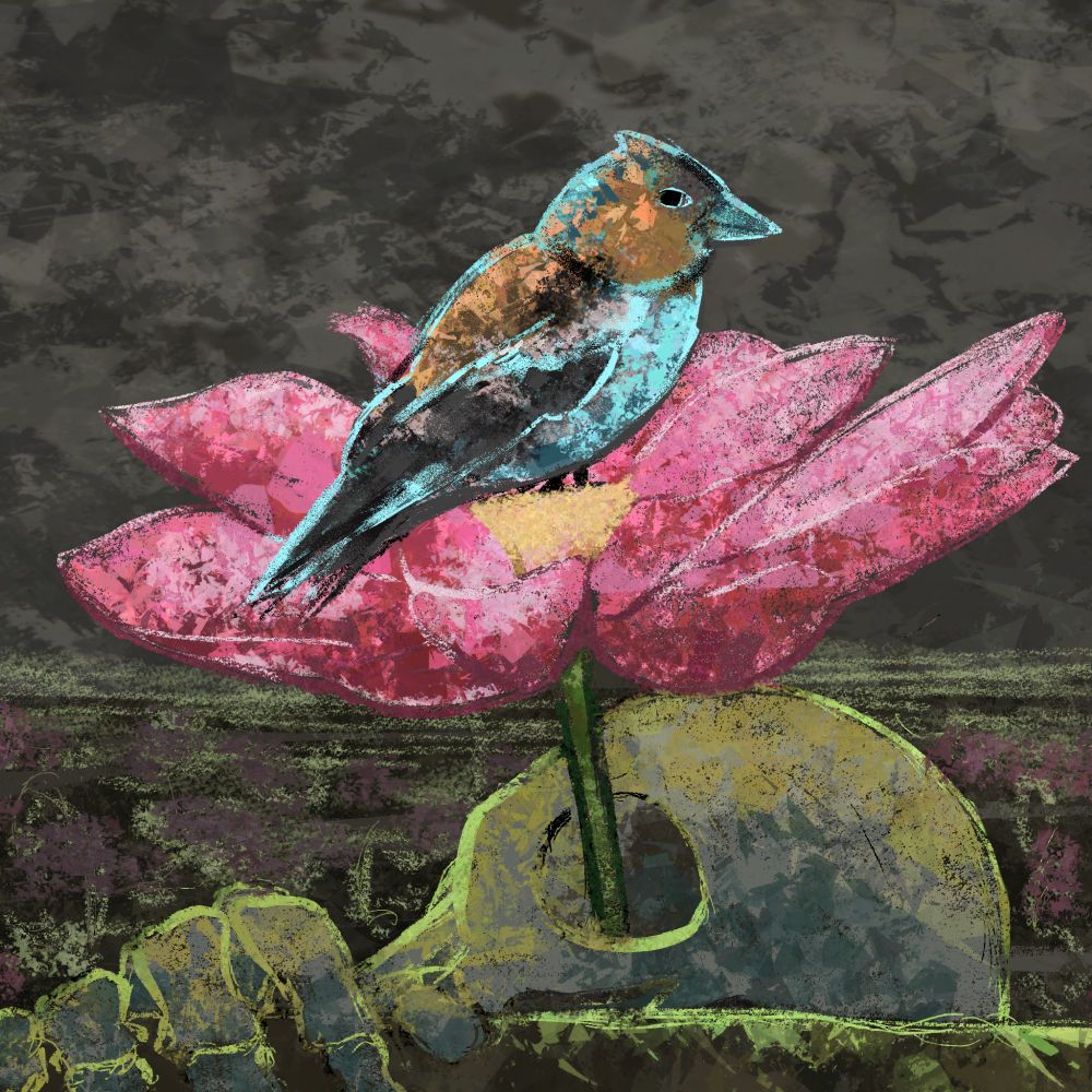 Art of a finch on a lotus in defiance of death, amidst a sea of dead plants