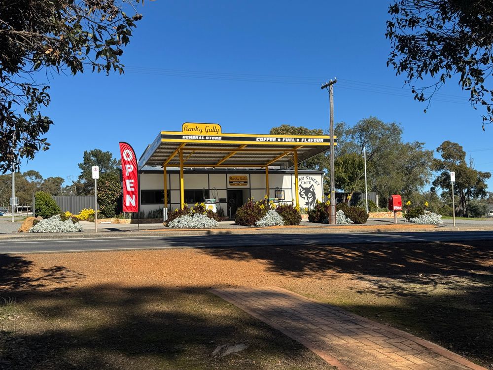 Rocky Gully General Store. Coffee Fuel Flavour. Featuring Mean Street Cafe with picture of dingo perhaps.