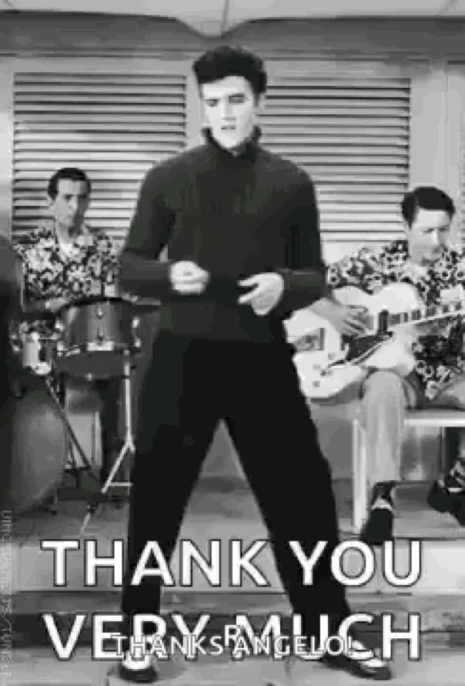 elvis presley is dancing in front of a group of men playing drums and guitars in a black and white photo .