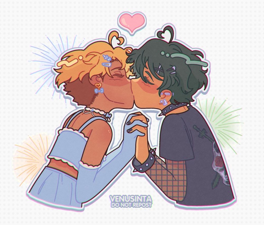 "Arashi Narukami" and "Mika Kagehira" from the game "Ensemble Stars!!" sharing a kiss with their hands intertwined.