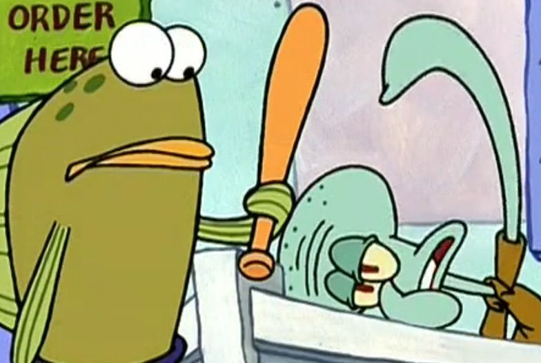 screenshot from an episode of Spongebob; Squidward is pointing to his head and asking a customer, who is holding a baseball bat, to hit him over the head 