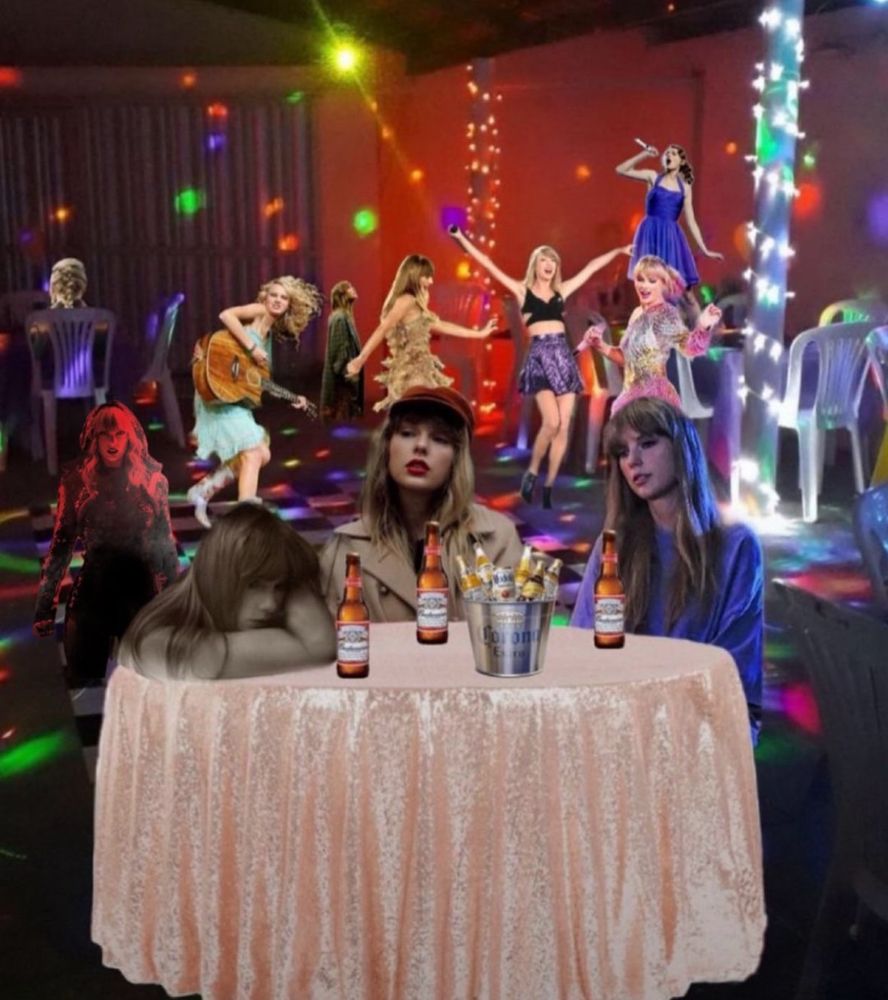 edited photo of Taylor Swift at a party in various forms exhibiting a range of emotions from joy to despair
