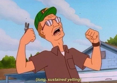 Dale from “King of the Hill” yelling; caption reads (long, sustained yelling)