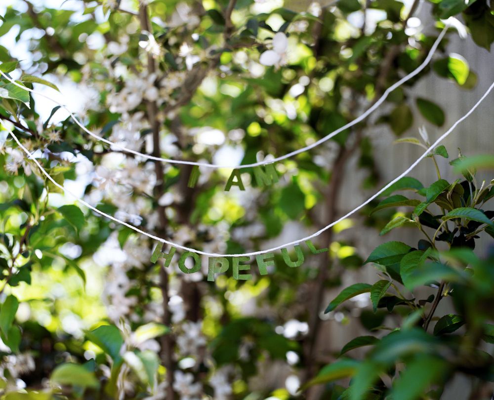 Two strings with letters that spell "I am hopeful" hung in a tree with white flowers