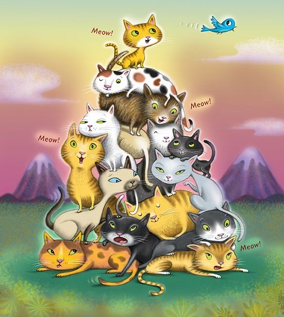 A variety of cats piled on top of each other in the shape of a mountain. There are mountains in the background. A blue bird flies by at the top of the pile and a kitten is looking at it. 