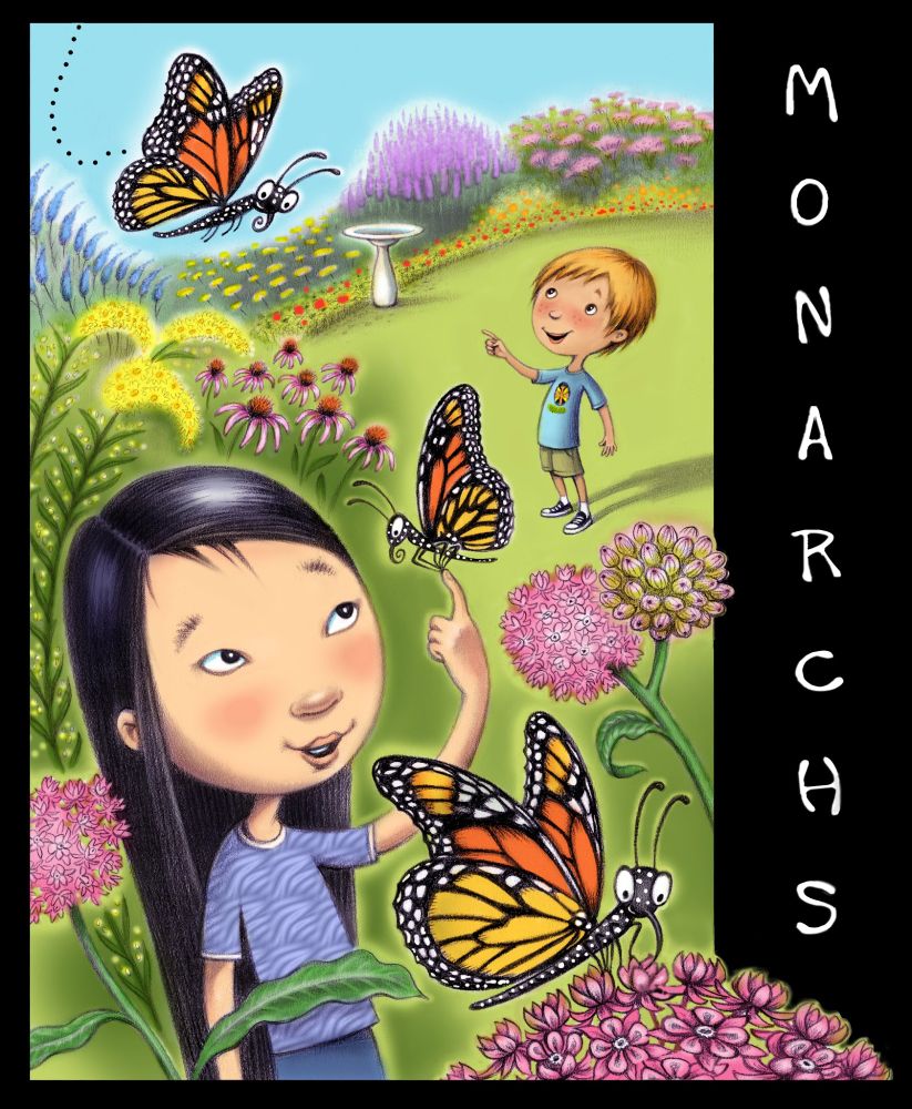 Diverse kids interacting with monarchs in a butterfly garden.