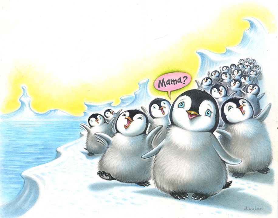 A large group of baby penguins on an ice flo. One is saying "Mama?"