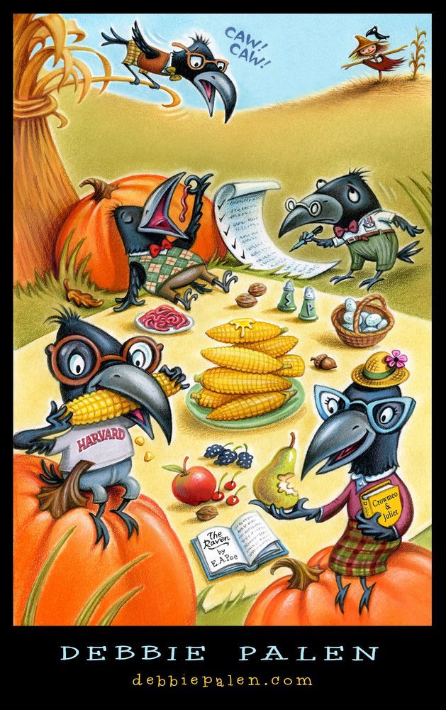 5 very smart ravens having a picnic with autumn scenery. Smartly dressed, they are sitting on pumpkins and eating worms, corn, and a pear. Other food is on the picnic blanket. One is making a list and  another is cawing while sitting on a cornstalk. A scarecrow is in the background.