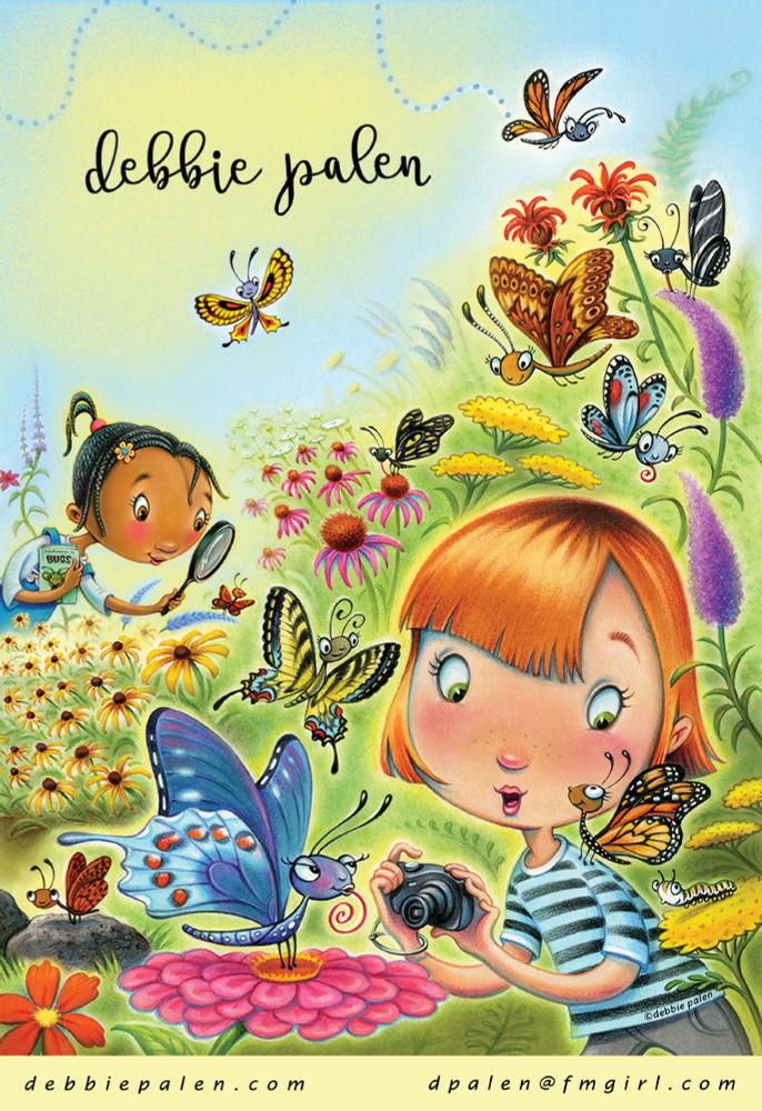 An illustration of two girls in a colorful flower garden surrounded by various butterflies. One girl is taking pictures with a camera while a butterfly sits on her shoulder, and another girl is looking at a butterfly with a magnifying glass.