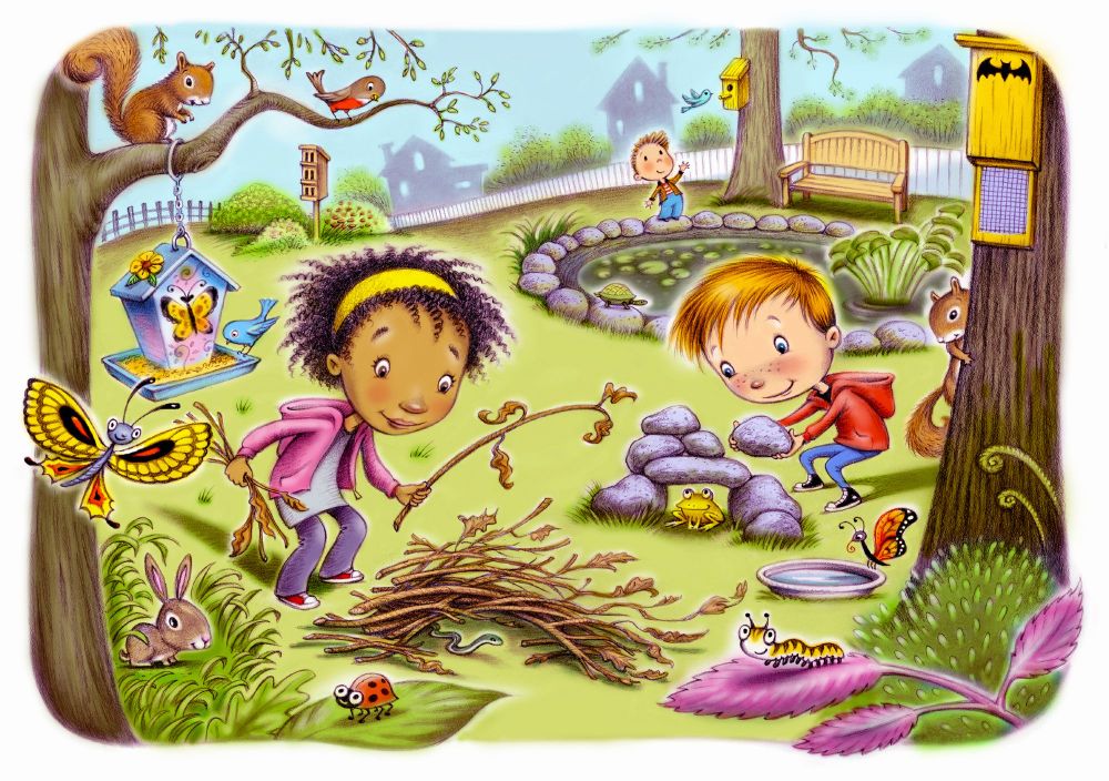 2 children fixing up their backyard for many animals and wildlife to find shelter and thrive.