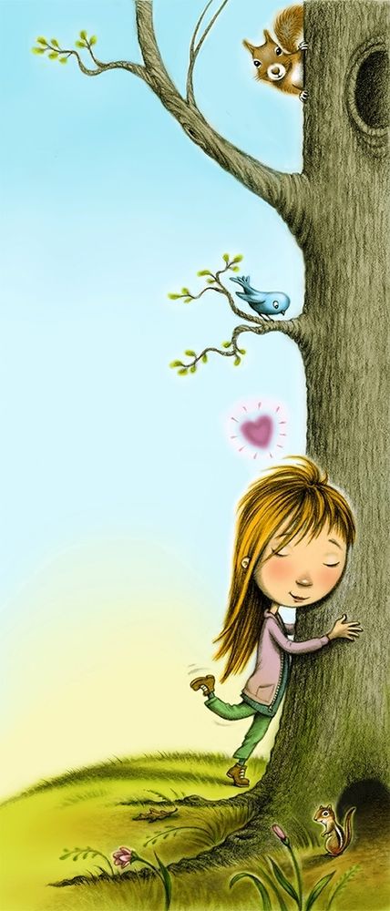 A girl hugging a tree with a bird and a squirrel looking down at her. A chipmunk has come out of his hole in the trunk.