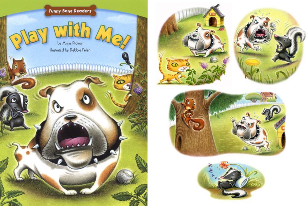 Book cover of bulldog and interior illustrations of bulldog interacting with other animals in the yard.